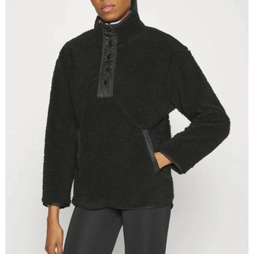 Athleta Cozy Sherpa Pullover Jacket Fleece Black Quilted Trim Women's M